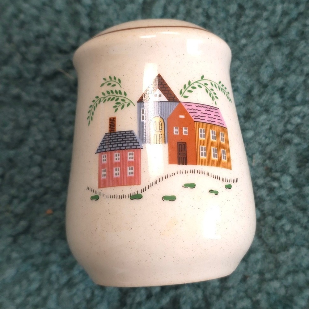 Vintage Newcor Our Country Stoneware Salt Shaker Cream Speckled Ceramic Houses